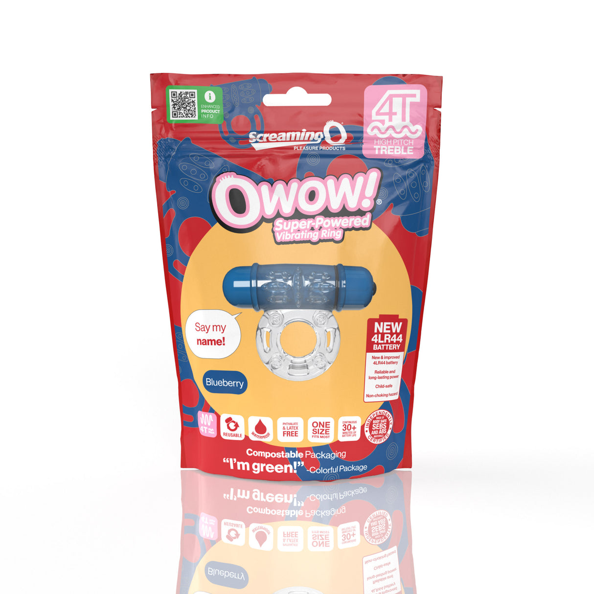 Screaming O 4T OWOW Blueberry Vibrating Cock Ring in colorful packaging with super-powered bullet.