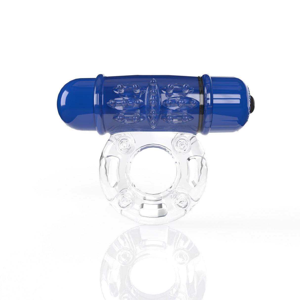 Screaming O 4T OWOW Blueberry Vibrating Cock Ring featuring a blue bullet and stretchy clear support ring.
