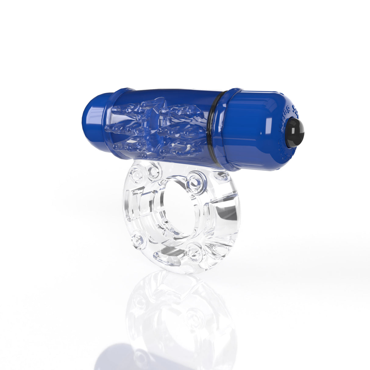 Screaming O 4T OWOW Blueberry Vibrating Cock Ring with blue bullet and clear stretchy support ring.