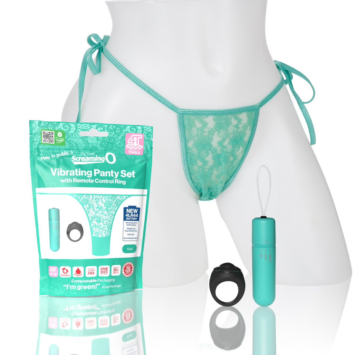 Screaming O My Secret 4T Panty Vibe Kiwi Green with remote control packaging and lace side-tie panty on display.