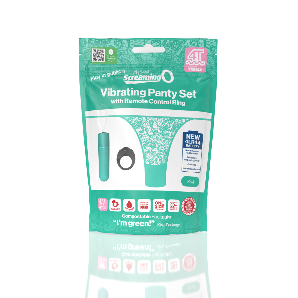 Screaming O My Secret 4T Panty Vibe Kiwi Green package featuring vibrating panty set with remote control ring.