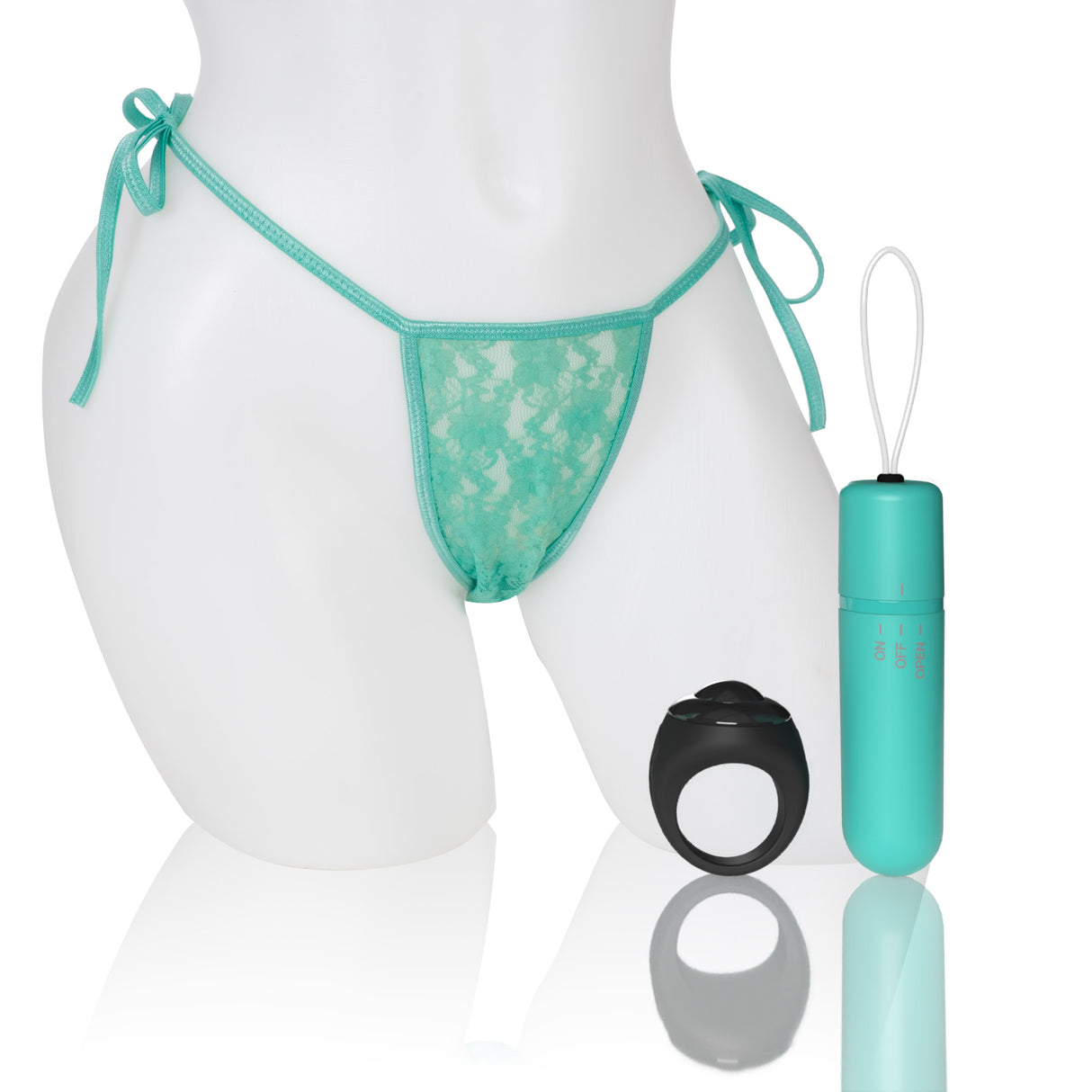 Screaming O My Secret 4T Panty Vibe Kiwi Green with lace side-tie panty and remote-controlled bullet.