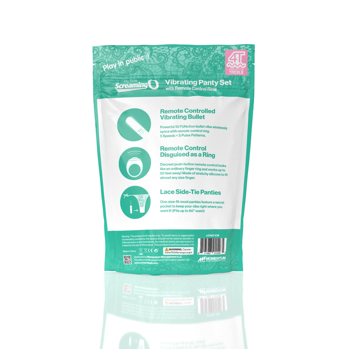 Screaming O My Secret 4T Panty Vibe Kiwi Green packaging showcasing remote controlled vibrating bullet and lace side-tie panties.