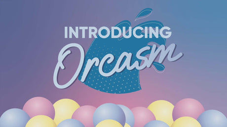 Introducing Orcasm with colorful balls in a playful graphic design.