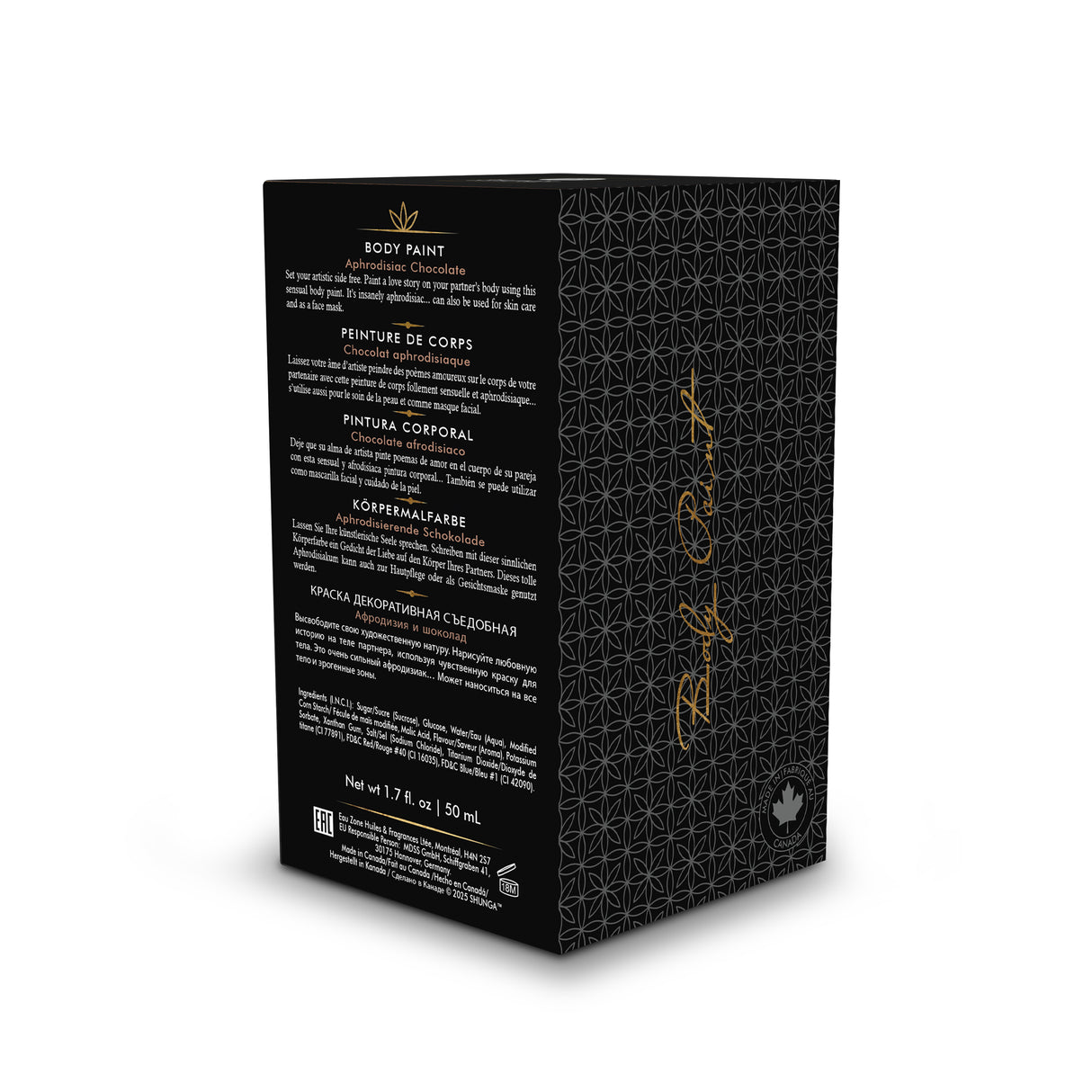 Shunga Edible Body Paint Aphrodisiac Chocolate packaging design featuring detailed instructions and ingredients.