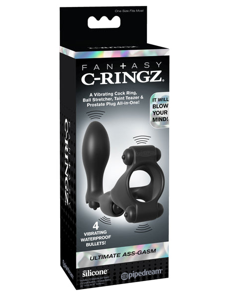 Fantasy C-Ringz Ultimate Ass Gasm Cock Ring Black packaging featuring vibrating bullets for enhanced pleasure.