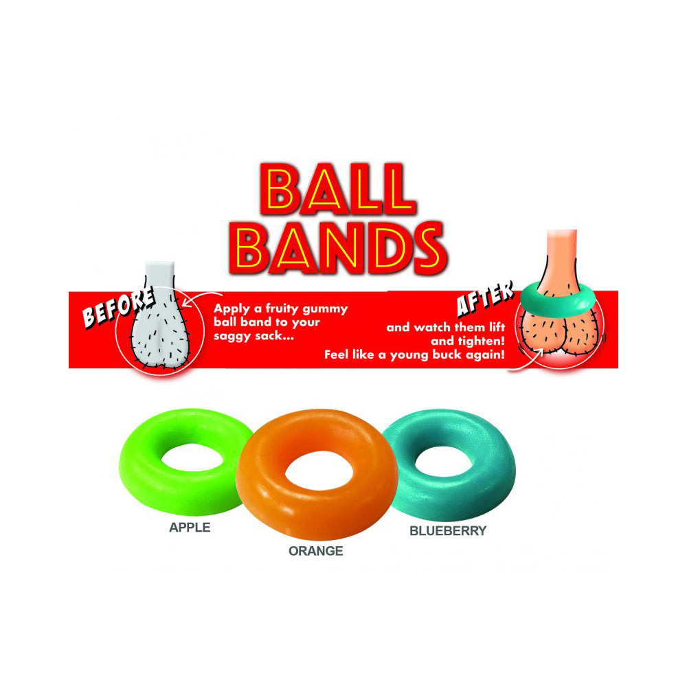 Hott Products Gummy Ball Bands 3 Pack Edible featuring apple, orange, and blueberry flavors for playful fun.