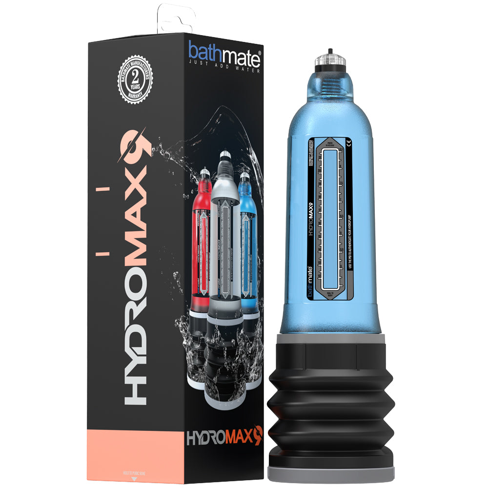 Bathmate Hydromax 9 Aqua Blue Hydro Penis Pump with packaging and design details.