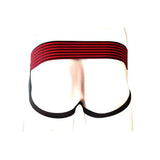 Rouge Garments Leather Jock Strap Black Small showcased from the back, featuring bold red and black design.