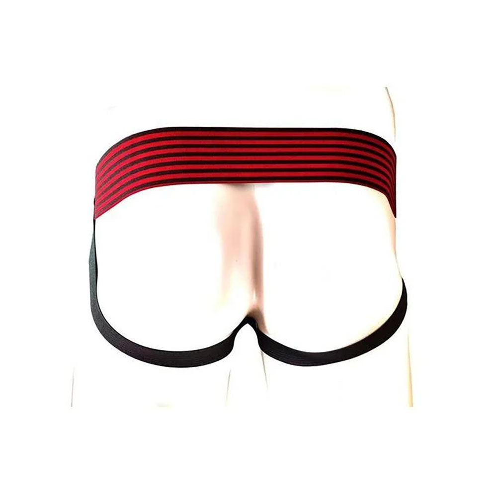 Rouge Leather Jock Strap Black Large featuring a stylish red and black striped waistband for ultimate comfort.