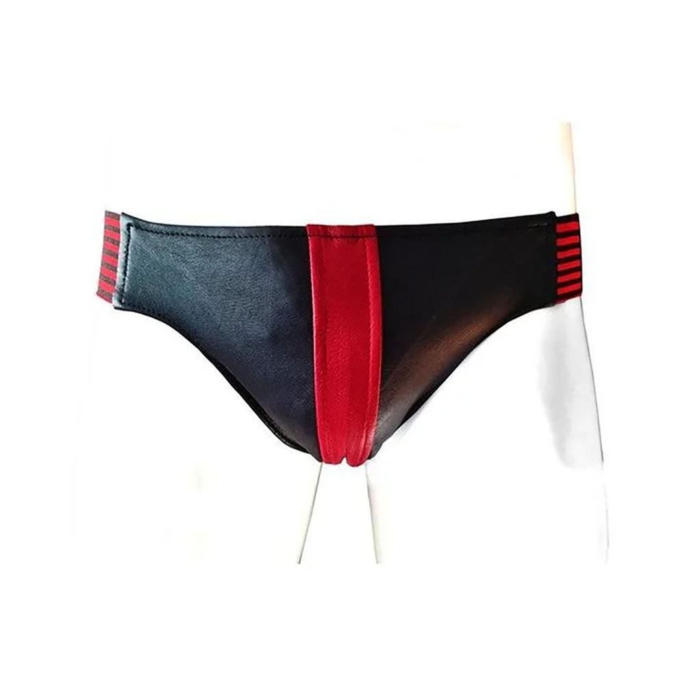 Rouge Leather Jock Strap Black Large showcasing bold design with soft sheep leather and elasticated waistband.