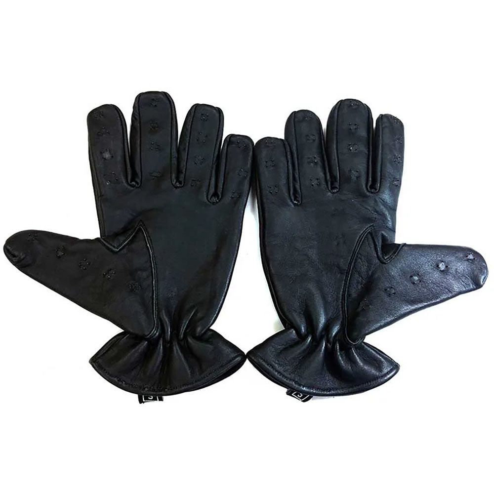 Rouge Vampire Leather Gloves Black Large displayed, featuring durable leather with elasticated wrist and metal spikes.