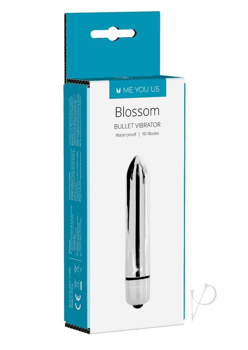 ME YOU US Blossom Bullet Vibrator Silver packaging showcasing waterproof bullet with 10 modes for targeted stimulation.