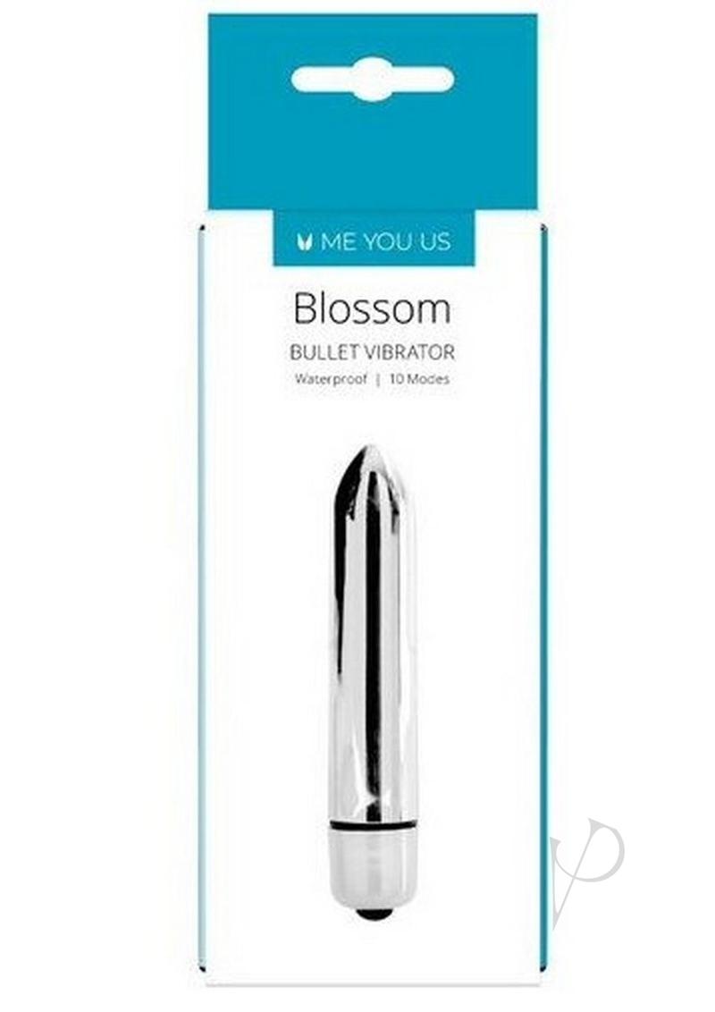 ME YOU US Blossom Bullet Vibrator Silver packaging showcasing a sleek design with waterproof features and 10 modes.