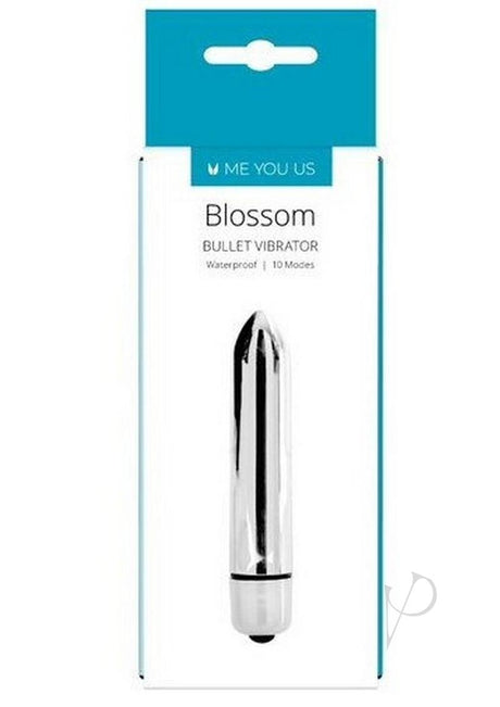 ME YOU US Blossom Bullet Vibrator Silver packaging showcasing a sleek design with waterproof features and 10 modes.