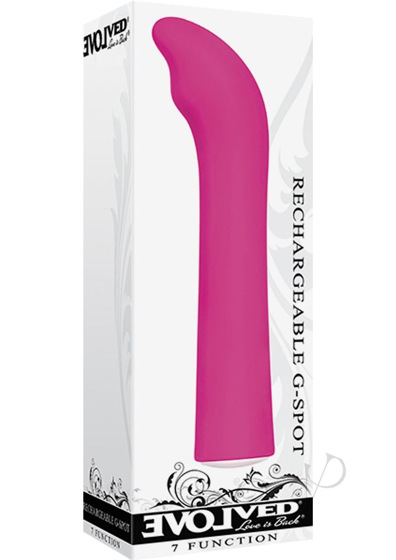 Evolved Rechargeable G-Spot Vibrator Pink in packaging, sleek design, perfect for discreet pleasure.