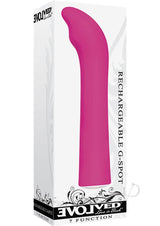 Evolved Rechargeable G-Spot Vibrator Pink in packaging, sleek design, perfect for discreet pleasure.