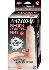 Natural Realskin Squirting Penis No 2 Dildo Vanilla packaging with interactive squirting feature and realistic design.