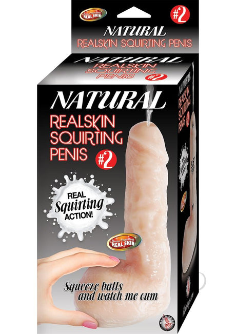 Natural Realskin Squirting Penis No 2 Dildo Vanilla packaging with interactive squirting feature and realistic design.
