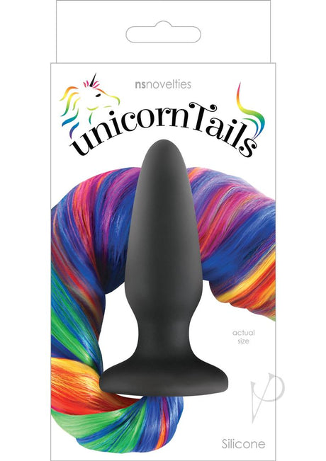 Unicorn Tails Silicone Anal Plug Rainbow on packaging with colorful tail design.