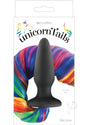 Unicorn Tails Silicone Anal Plug Rainbow on packaging with colorful tail design.