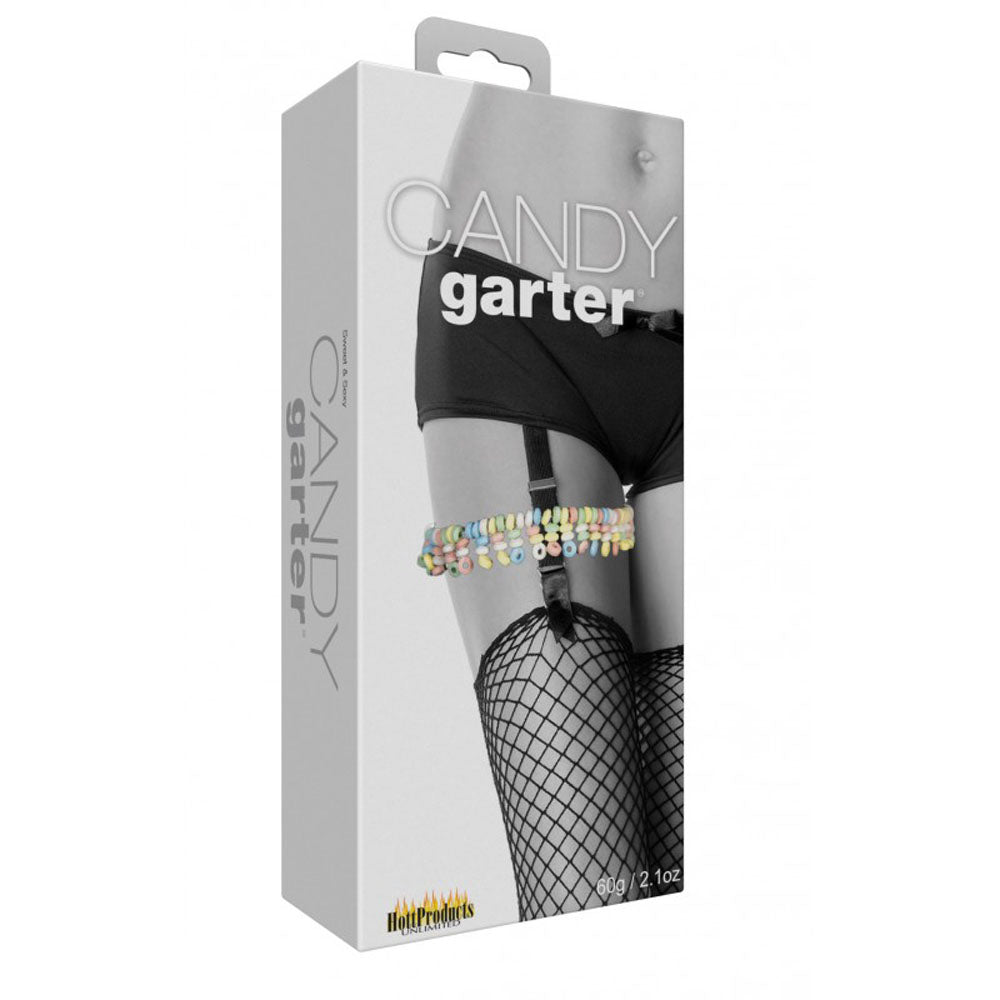 Hott Products Candy Edible Garter Belt Multi-Flavored packaging featuring colorful candy strung into a wearable garter.