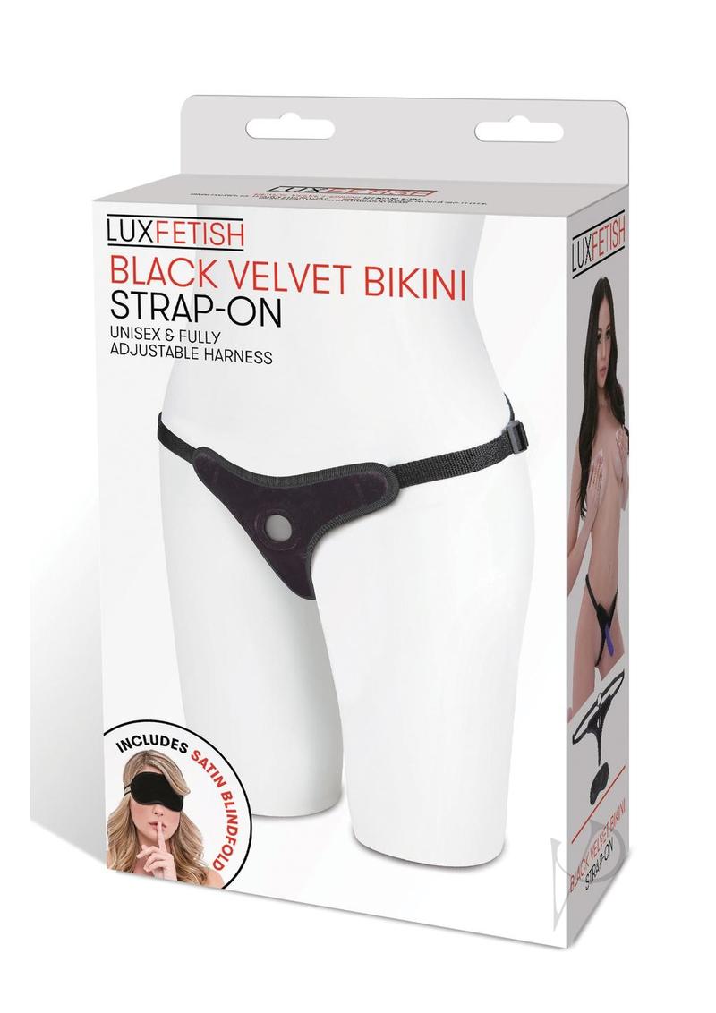 Lux Fetish Velvet Bikini Strap-On Adjustable Black packaging showcasing unisex adjustable harness.