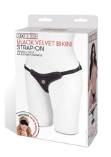 Lux Fetish Velvet Bikini Strap-On Adjustable Black packaging showcasing unisex adjustable harness.