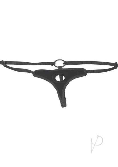 Lux Fetish Velvet Bikini Strap-On Adjustable Black harness with sleek design and adjustable straps.