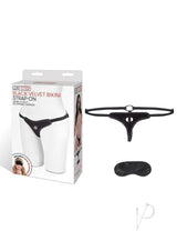 Lux Fetish Velvet Bikini Strap-On Adjustable Black with packaging and accessories, showcasing unisex harness design.