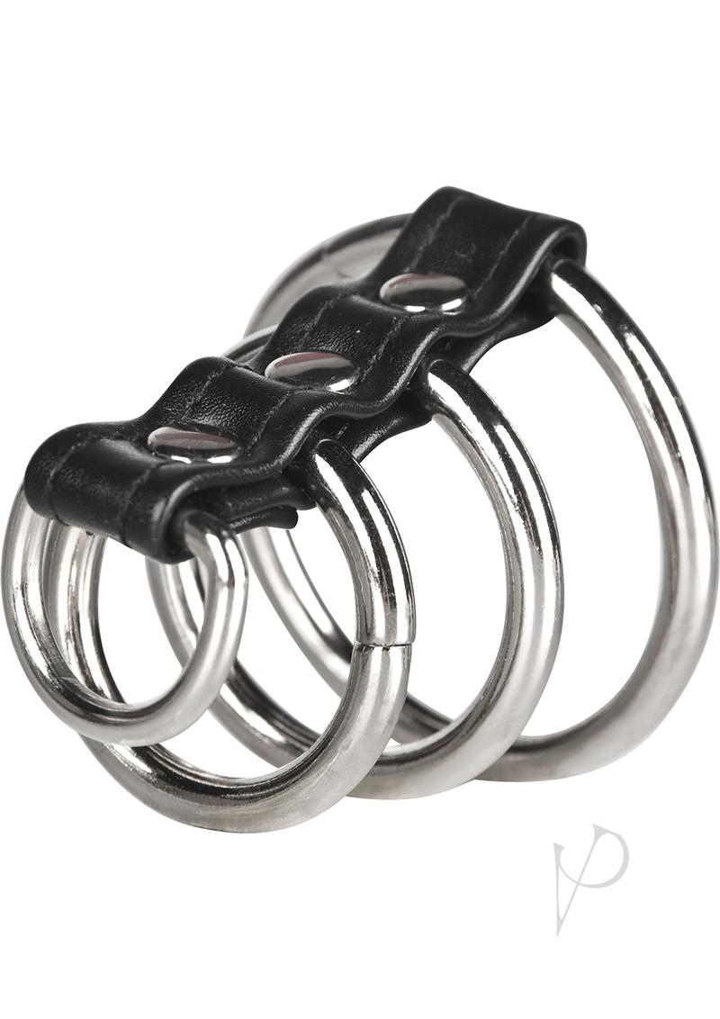 CandB Gear 3 Ring Gates Of Hell Steel Cock Cage featuring three stainless steel rings and a leather connector.
