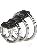 CandB Gear 3 Ring Gates Of Hell Steel Cock Cage featuring three stainless steel rings and a leather connector.
