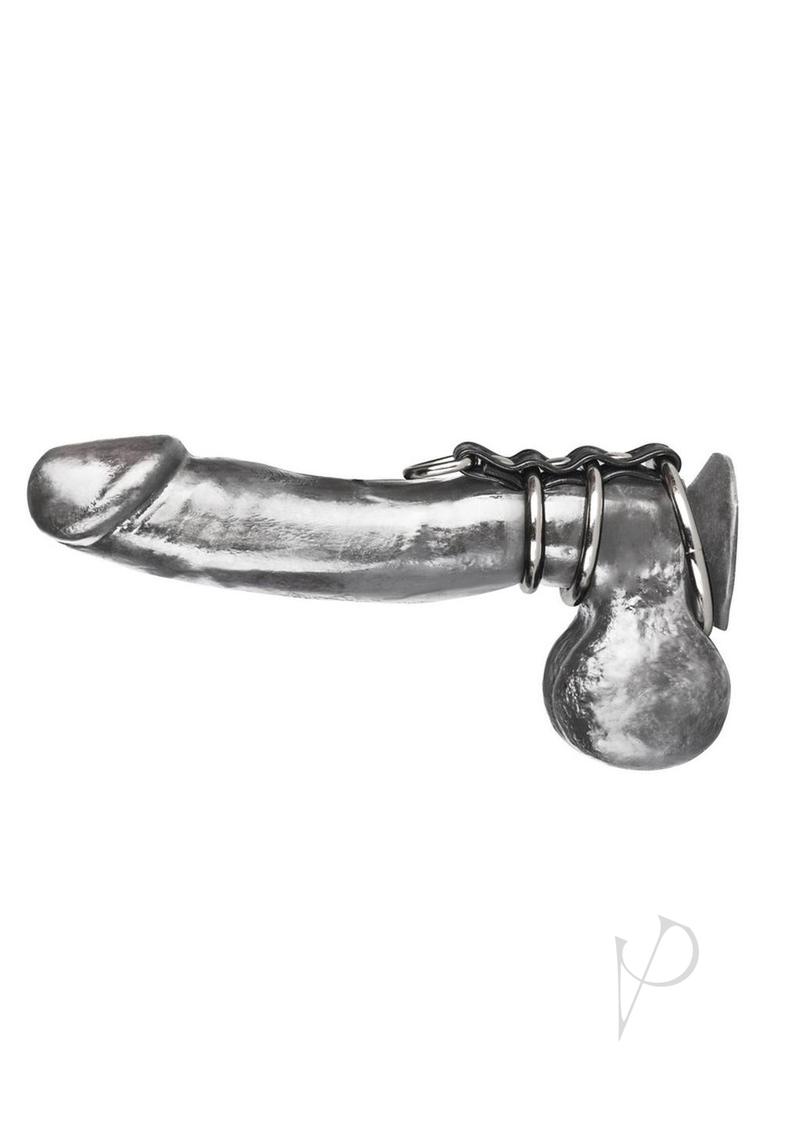 CandB Gear 3 Ring Gates Of Hell Steel Cock Cage showcasing its unique three-ring design for chastity play.