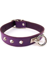Rouge O Ring Studded Adjustable Leather Collar Purple with metal studs and a silver O ring, perfect for bondage and fetish wear.