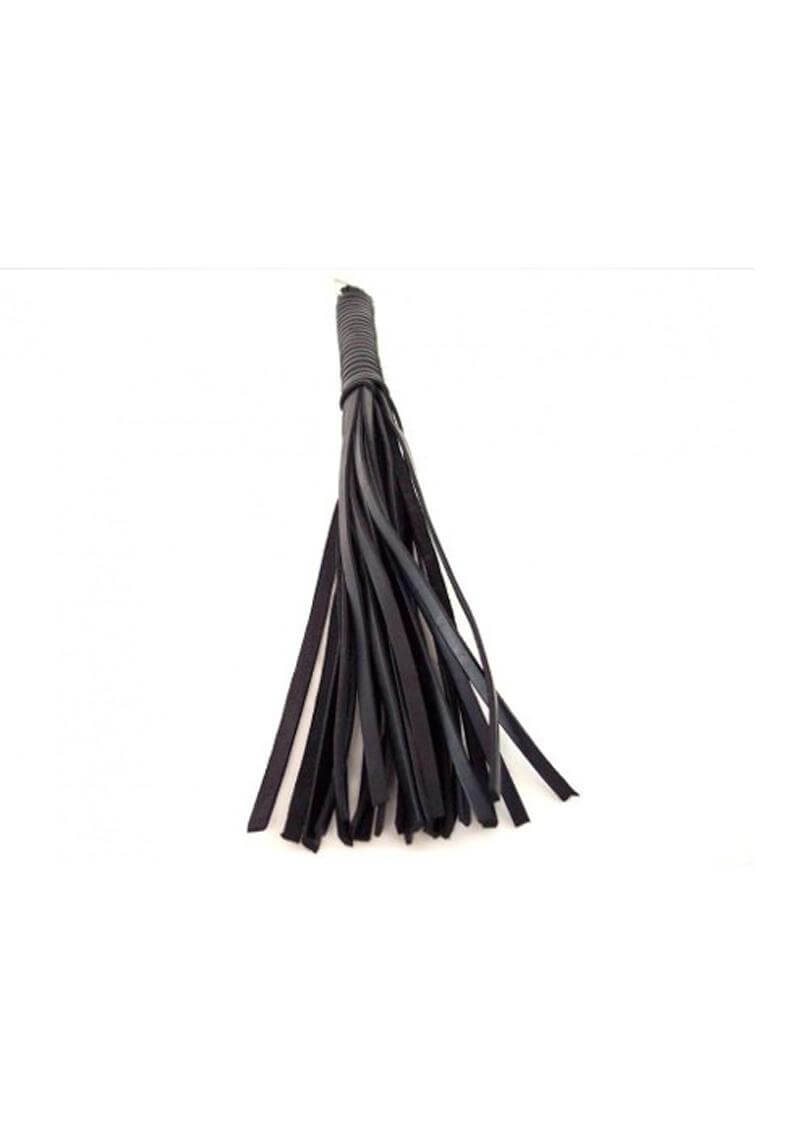 Rouge Leather Spiral Flogger Black with a spiral handle, designed for bondage and sensation play.