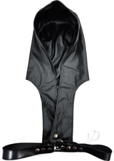 Rouge Leather Adjustable Harness Hoodie Black showcasing the sleek faux leather design and adjustable straps.