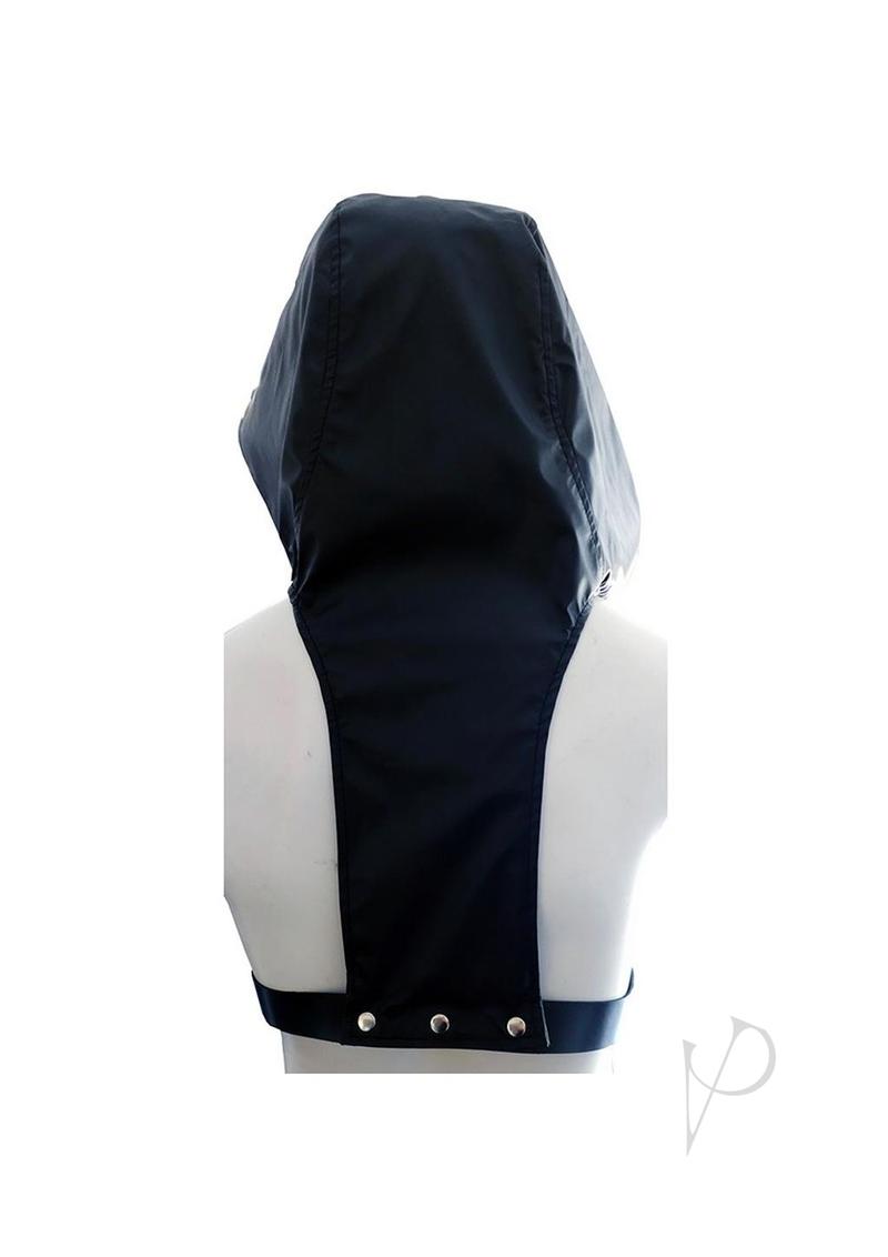 Back view of the Rouge Leather Adjustable Harness Hoodie Black showcasing its unique hood and snap button design.