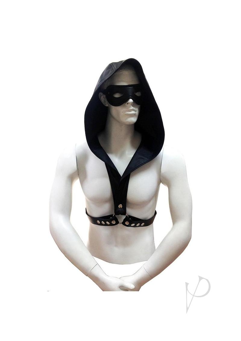 Rouge Leather Adjustable Harness Hoodie Black worn by a mannequin with a hood and mask, showcasing its bold fetish style.