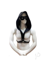Rouge Leather Adjustable Harness Hoodie Black worn by a mannequin with a hood and mask, showcasing its bold fetish style.