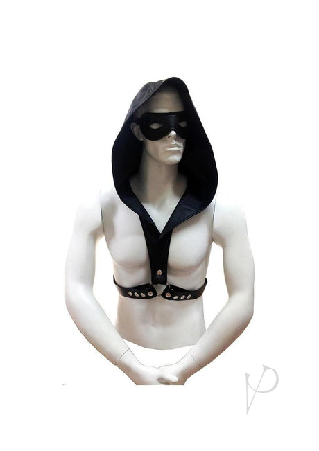 Rouge Leather Adjustable Harness Hoodie Black worn by a mannequin with a hood and mask, showcasing its bold fetish style.