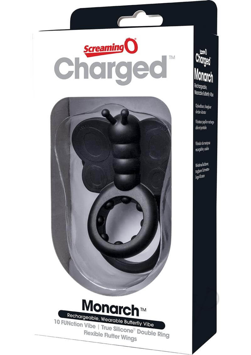 Charged Monarch Butterfly Vibe Silicone Cock Ring Black in packaging with a butterfly design and double ring.