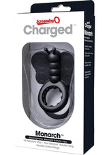 Charged Monarch Butterfly Vibe Silicone Cock Ring Black in packaging with a butterfly design and double ring.