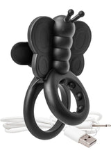 Charged Monarch Butterfly Vibe Silicone Cock Ring Black with dual rings and USB charging cable.