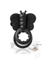 Charged Monarch Butterfly Vibe Silicone Cock Ring Black with a butterfly design and USB charging cable.