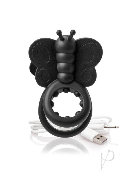 Charged Monarch Butterfly Vibe Silicone Cock Ring Black with a butterfly design and USB charging cable.
