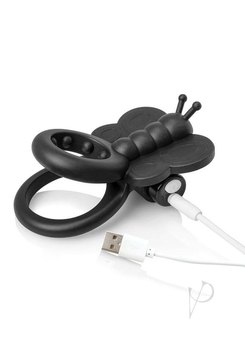 Charged Monarch Butterfly Vibe Silicone Cock Ring Black with dual-ring design and USB charging feature.