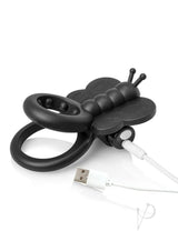 Charged Monarch Butterfly Vibe Silicone Cock Ring Black with dual-ring design and USB charging feature.