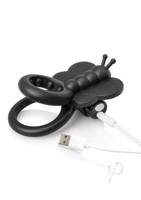 Charged Monarch Butterfly Vibe Silicone Cock Ring Black with dual-ring design and USB charging feature.