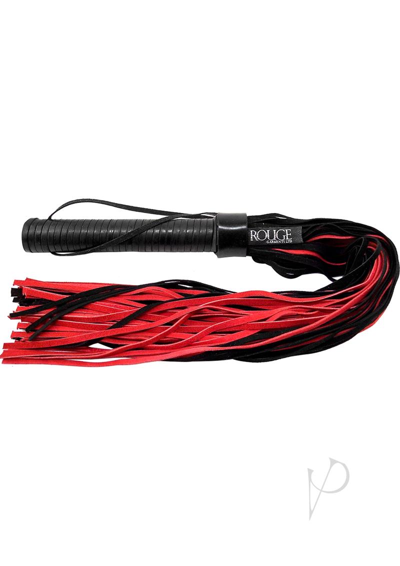 Rouge Suede Flogger with Leather Handle Black and Red showcasing a stylish design for sensory play.