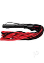 Rouge Suede Flogger with Leather Handle Black and Red showcasing a stylish design for sensory play.